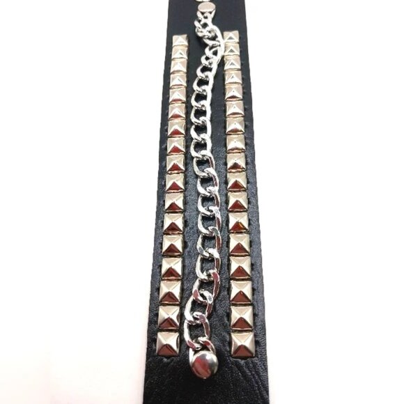 Goth Black Stud and Chain vegan Leather Bracelet Unisex -Black- Lot of 2 New - Picture 3 of 11